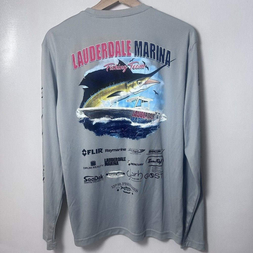 Lauderdale Marina Shirt Mens Small Gray Fishing Performance Fishery Marlin Crew